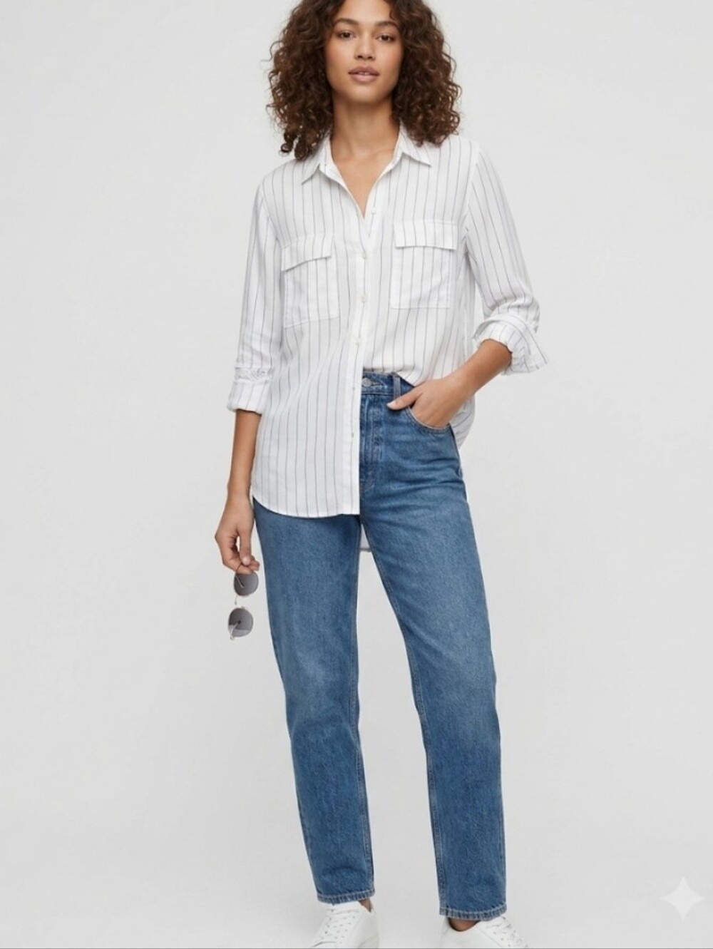 Babaton Aritzia Utility Shirt Roll-Tab Striped Tencel Button Navy White XXS